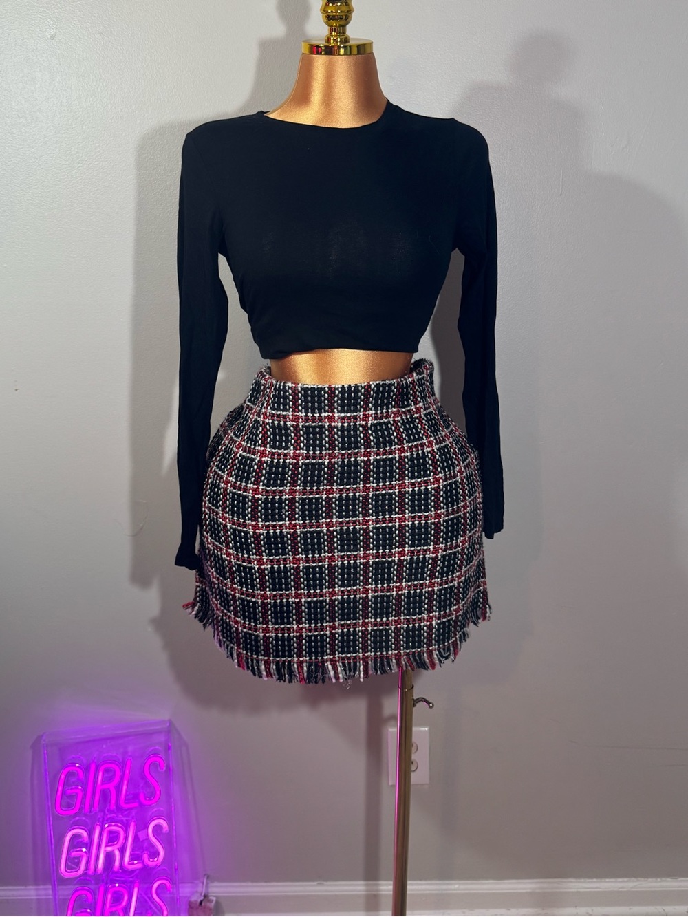 GB girls Black, Red & White Plaid Tweed Fringe Mini Skirt
